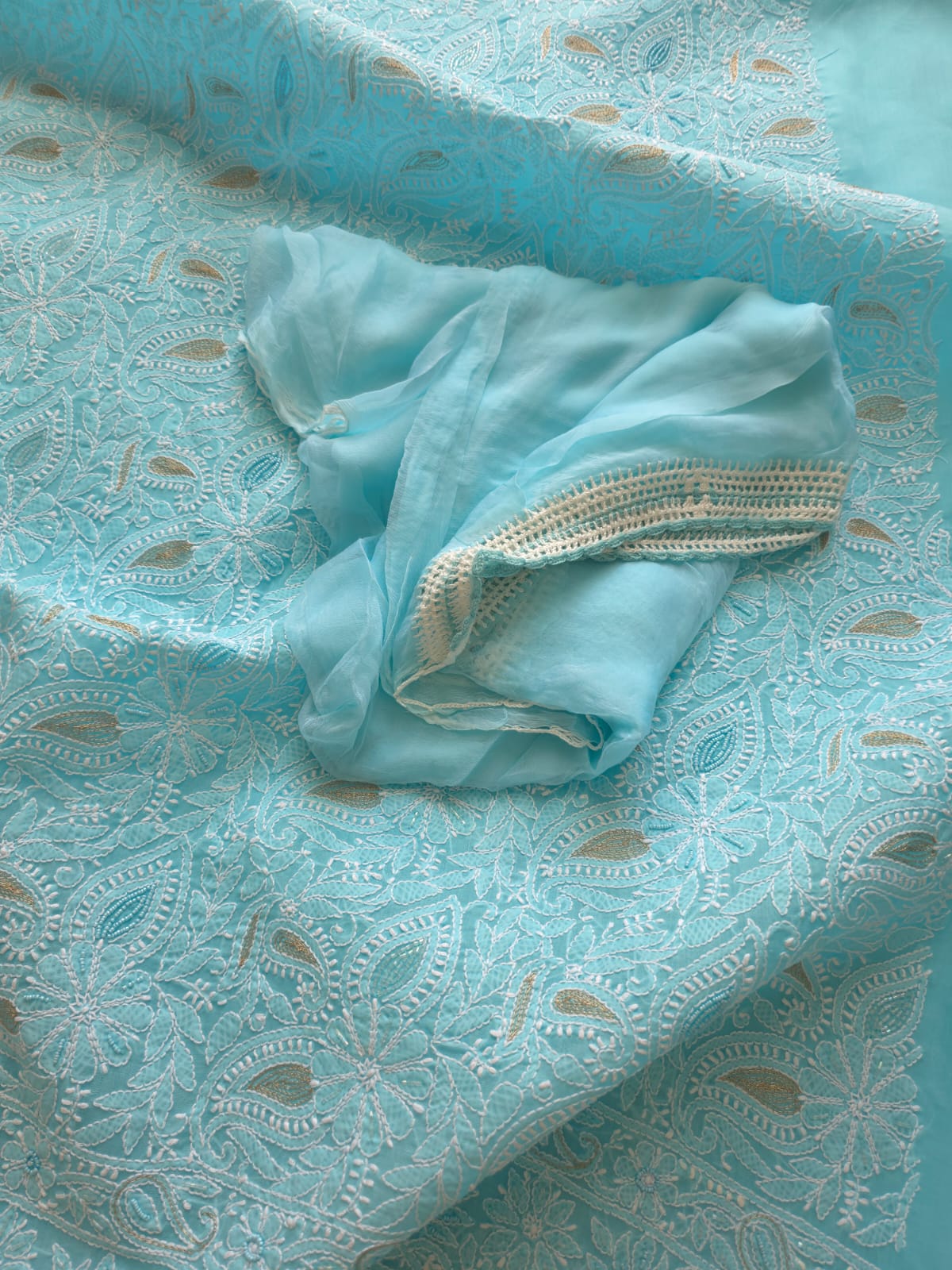Sea Blue cotton Full suit with fine handwork adorned with Embellishments