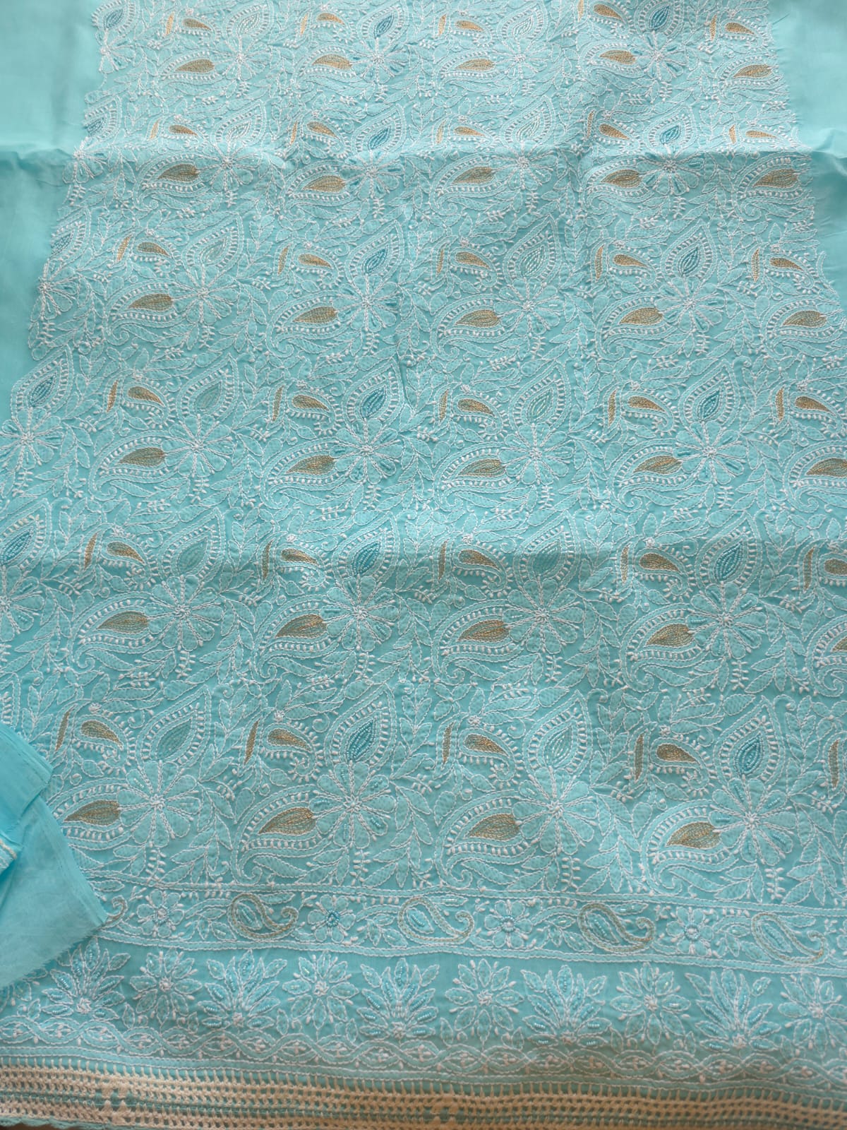 Sea Blue cotton Full suit with fine handwork adorned with Embellishments