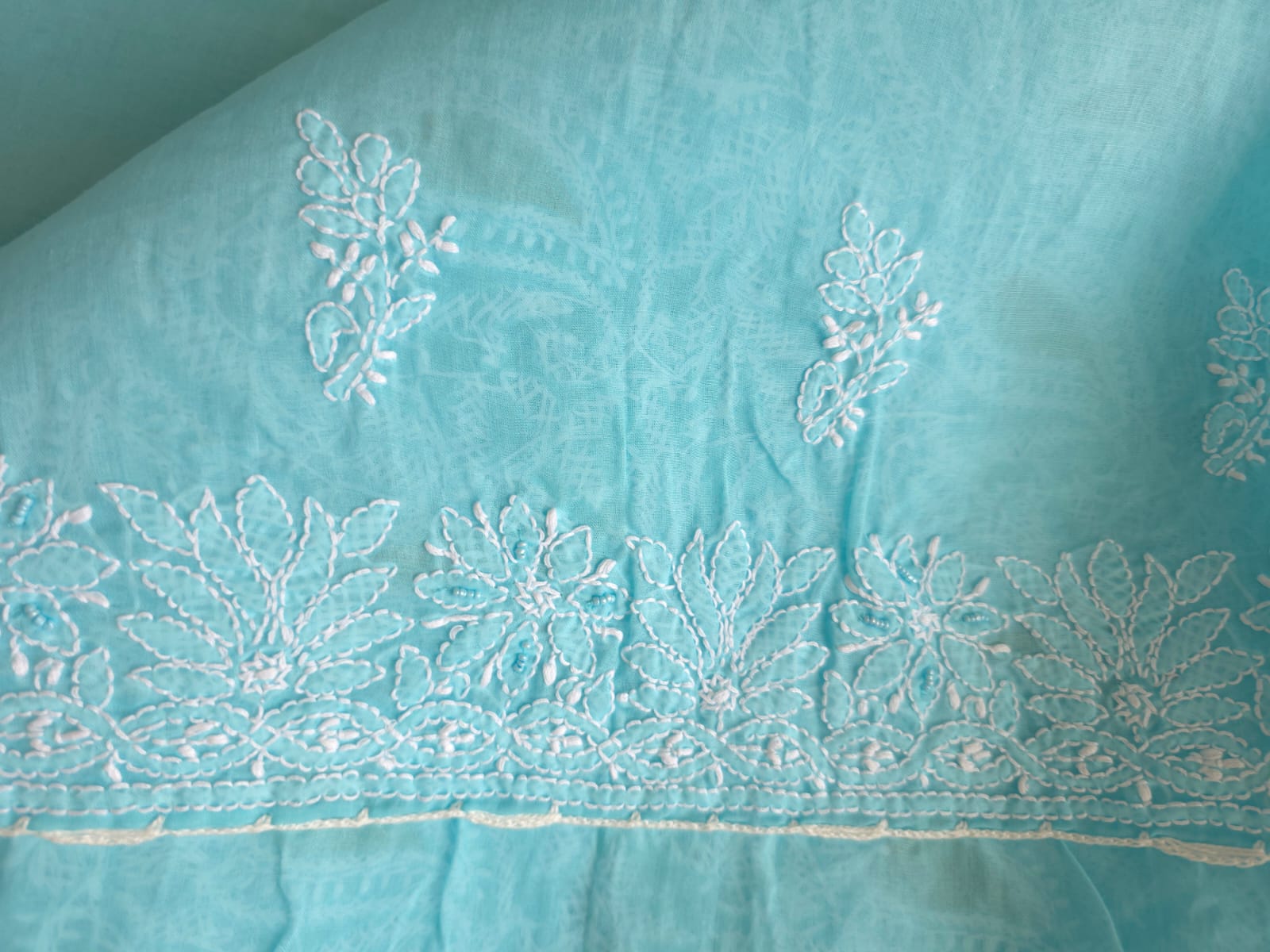 Sea Blue cotton Full suit with fine handwork adorned with Embellishments