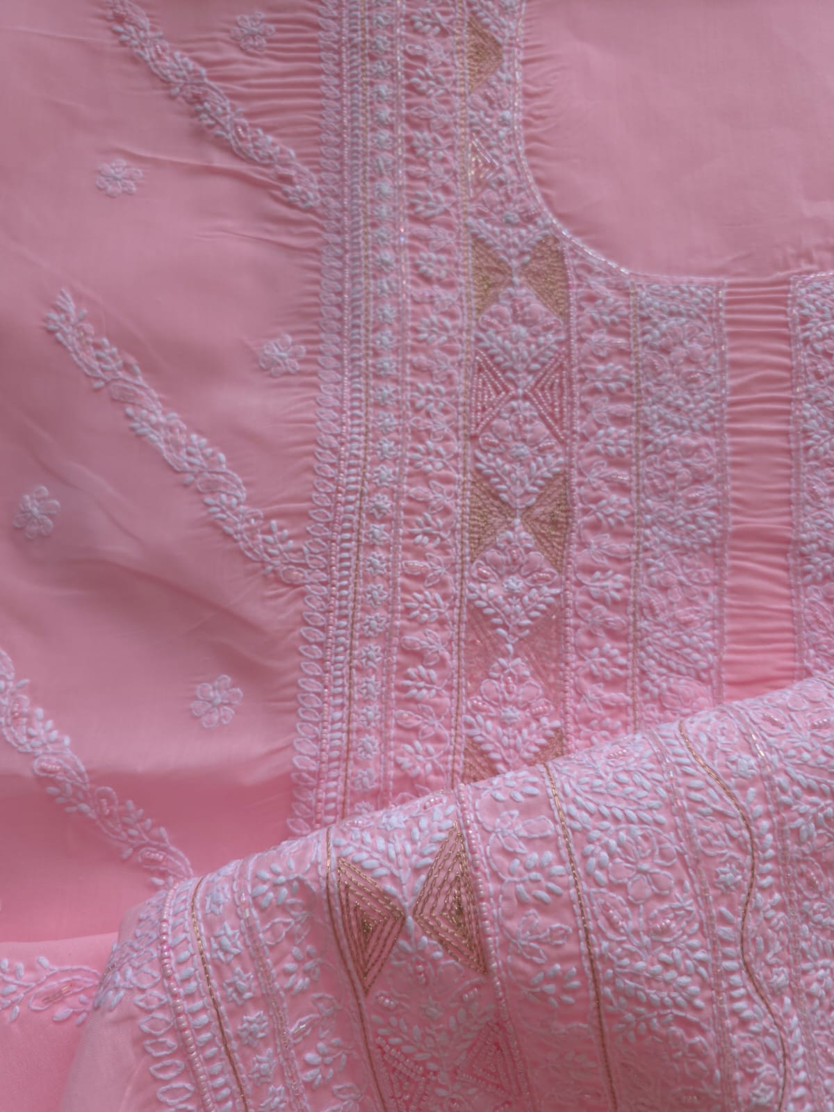 Pink Cotton full suit with chikankari with embellishments