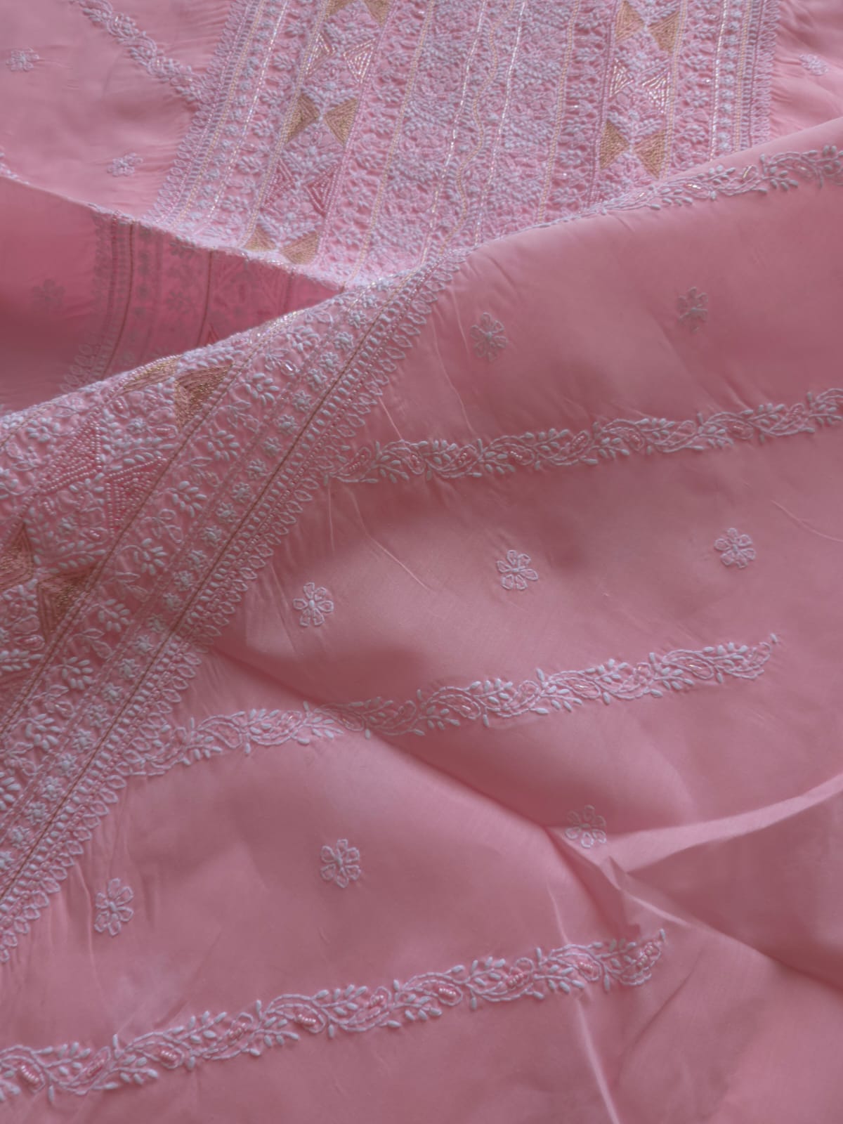 Pink Cotton full suit with chikankari with embellishments