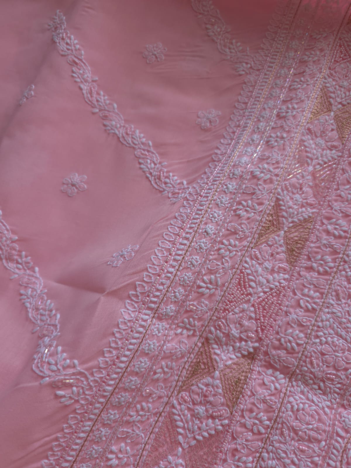 Pink Cotton full suit with chikankari with embellishments