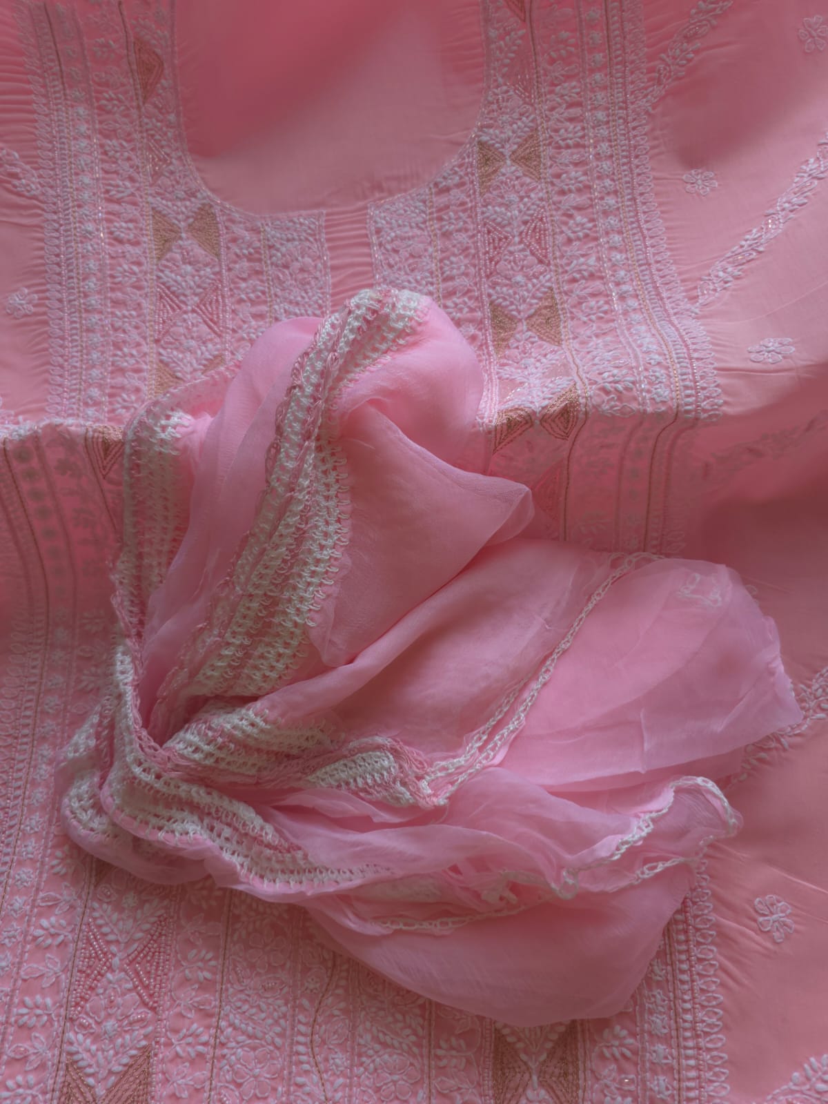 Pink Cotton full suit with chikankari with embellishments