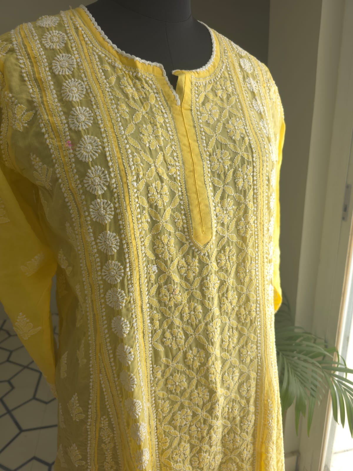 Mango Yellow Soft Cotton All over Full embroidered Anarkali