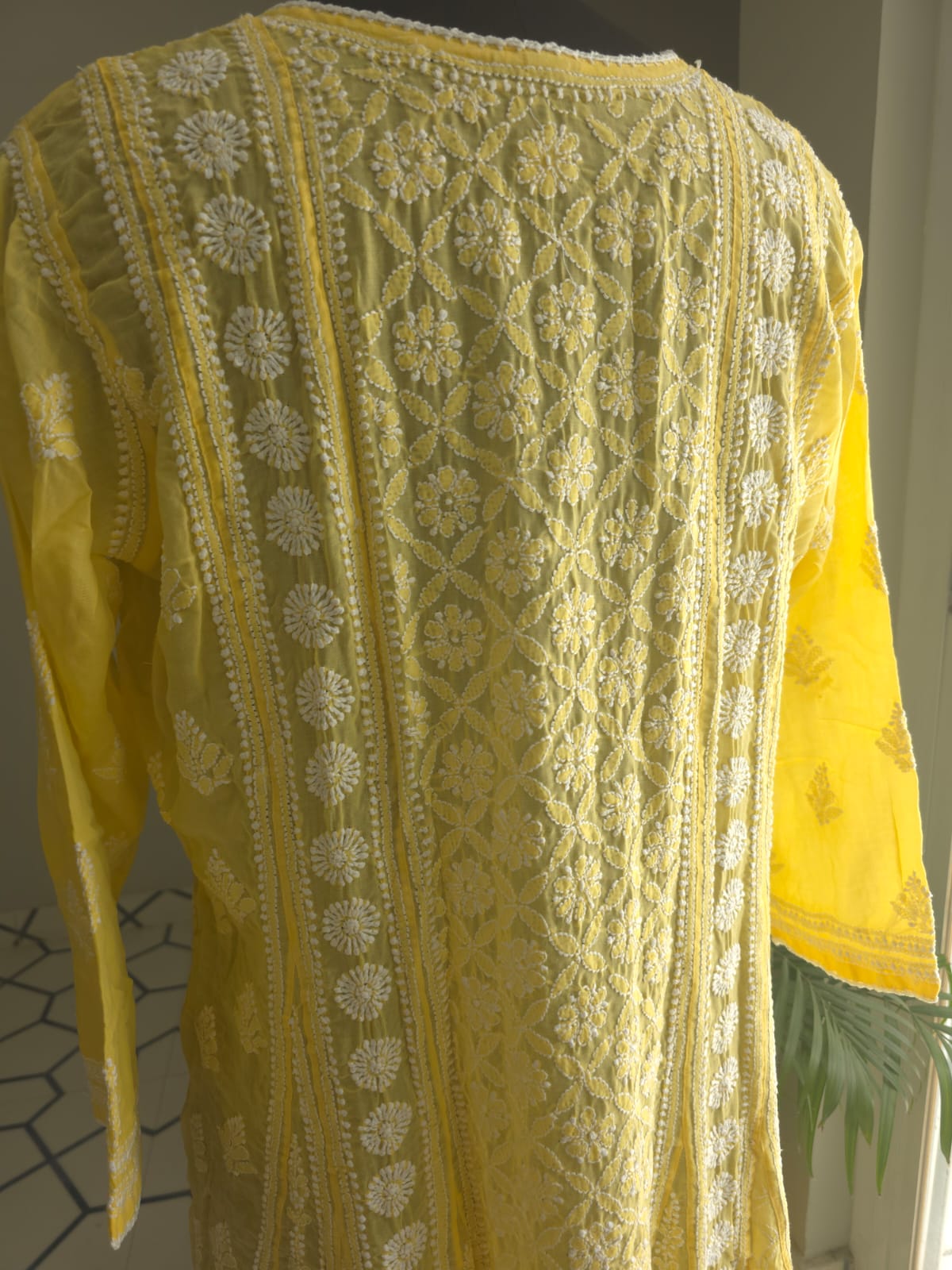 Mango Yellow Soft Cotton All over Full embroidered Anarkali