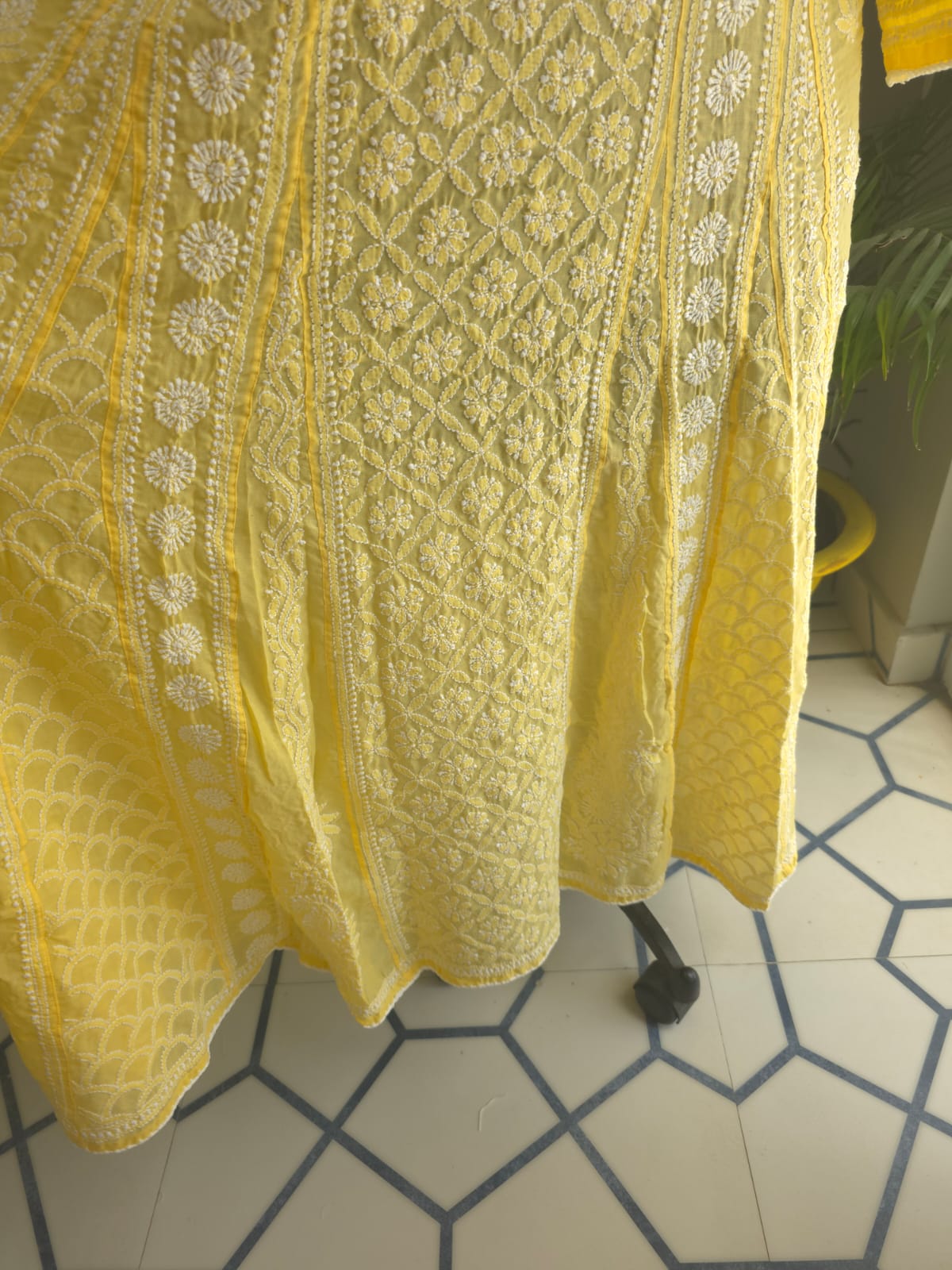 Mango Yellow Soft Cotton All over Full embroidered Anarkali