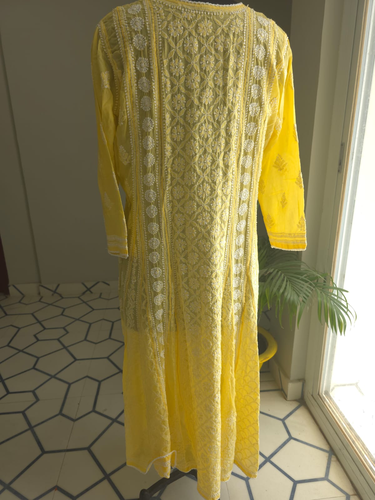 Mango Yellow Soft Cotton All over Full embroidered Anarkali