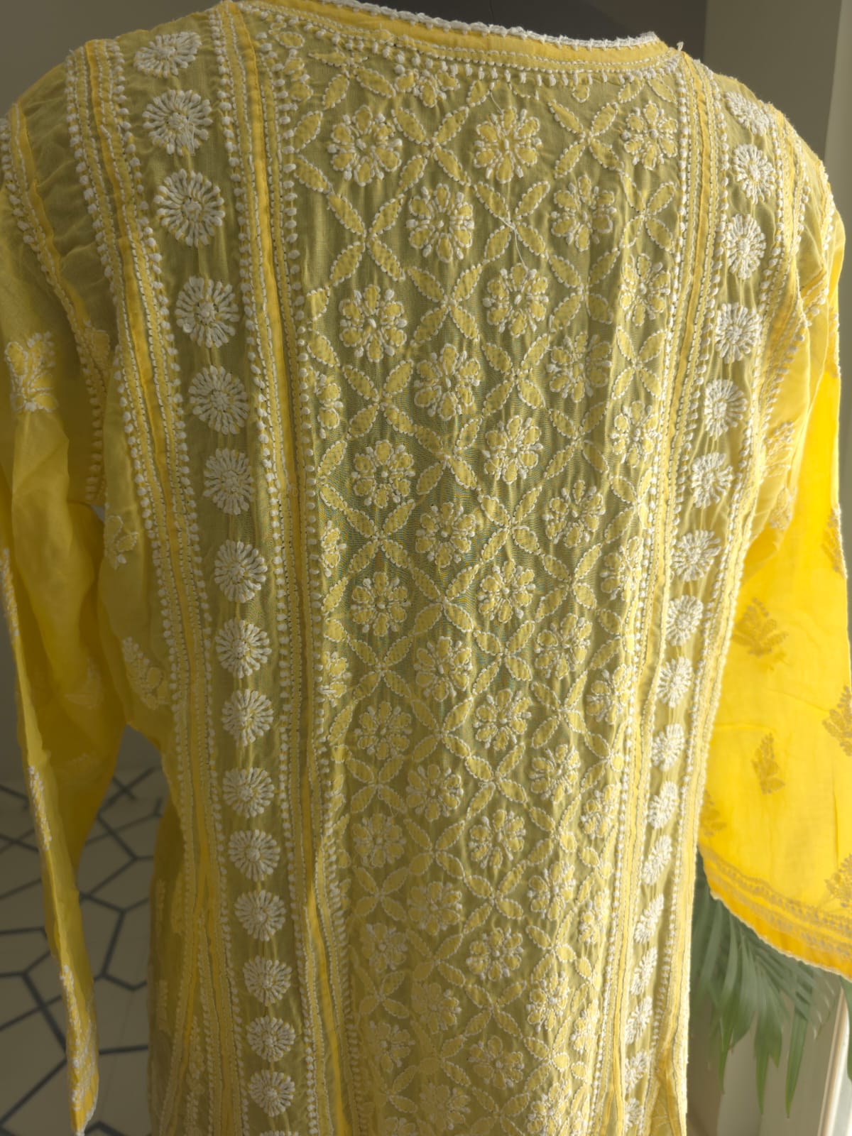 Mango Yellow Soft Cotton All over Full embroidered Anarkali