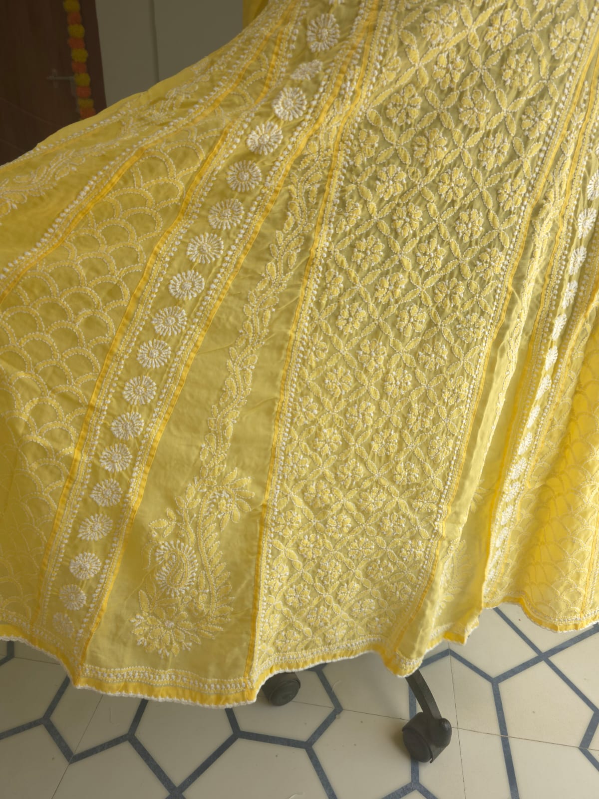 Mango Yellow Soft Cotton All over Full embroidered Anarkali