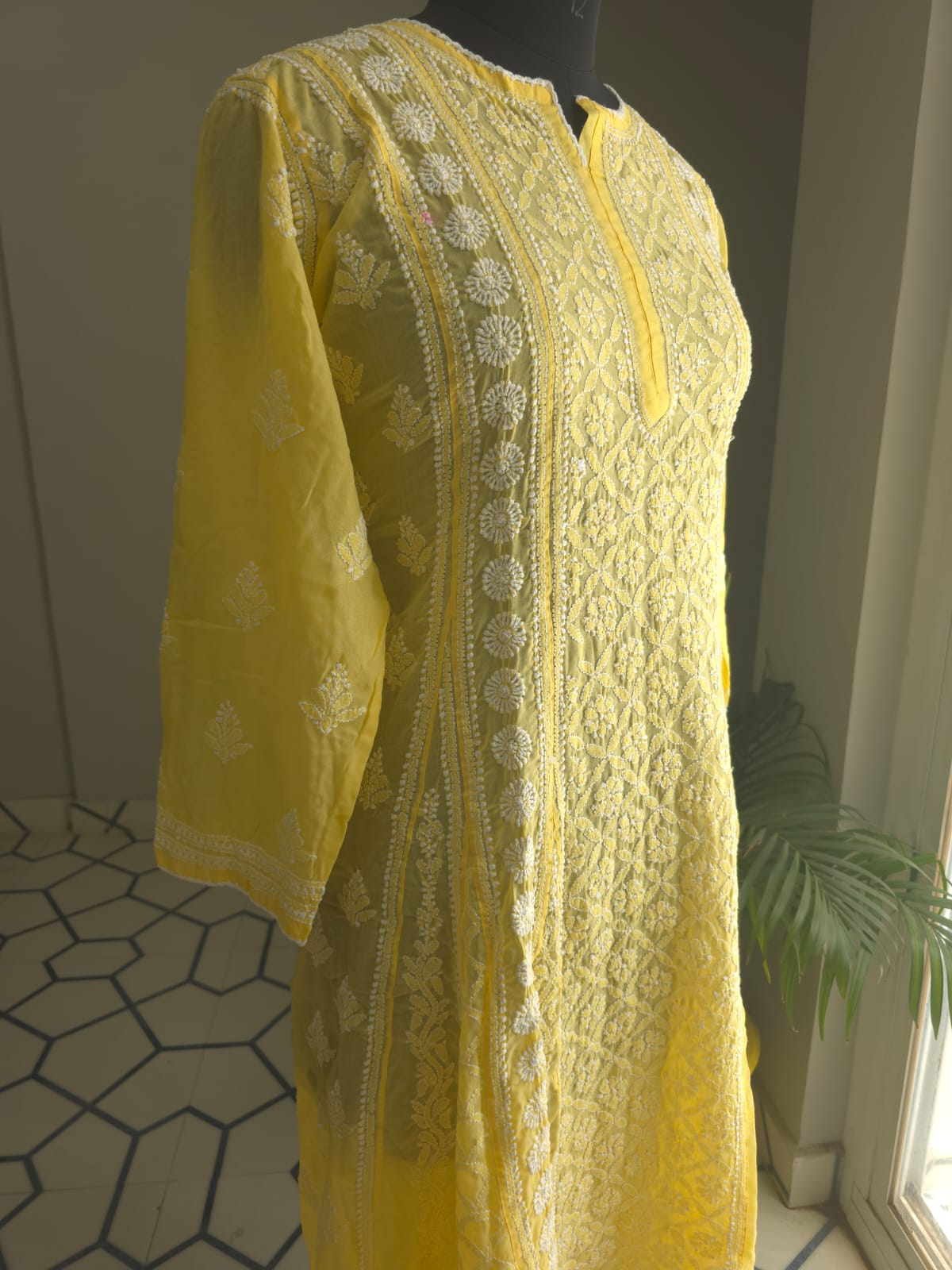 Mango Yellow Soft Cotton All over Full embroidered Anarkali