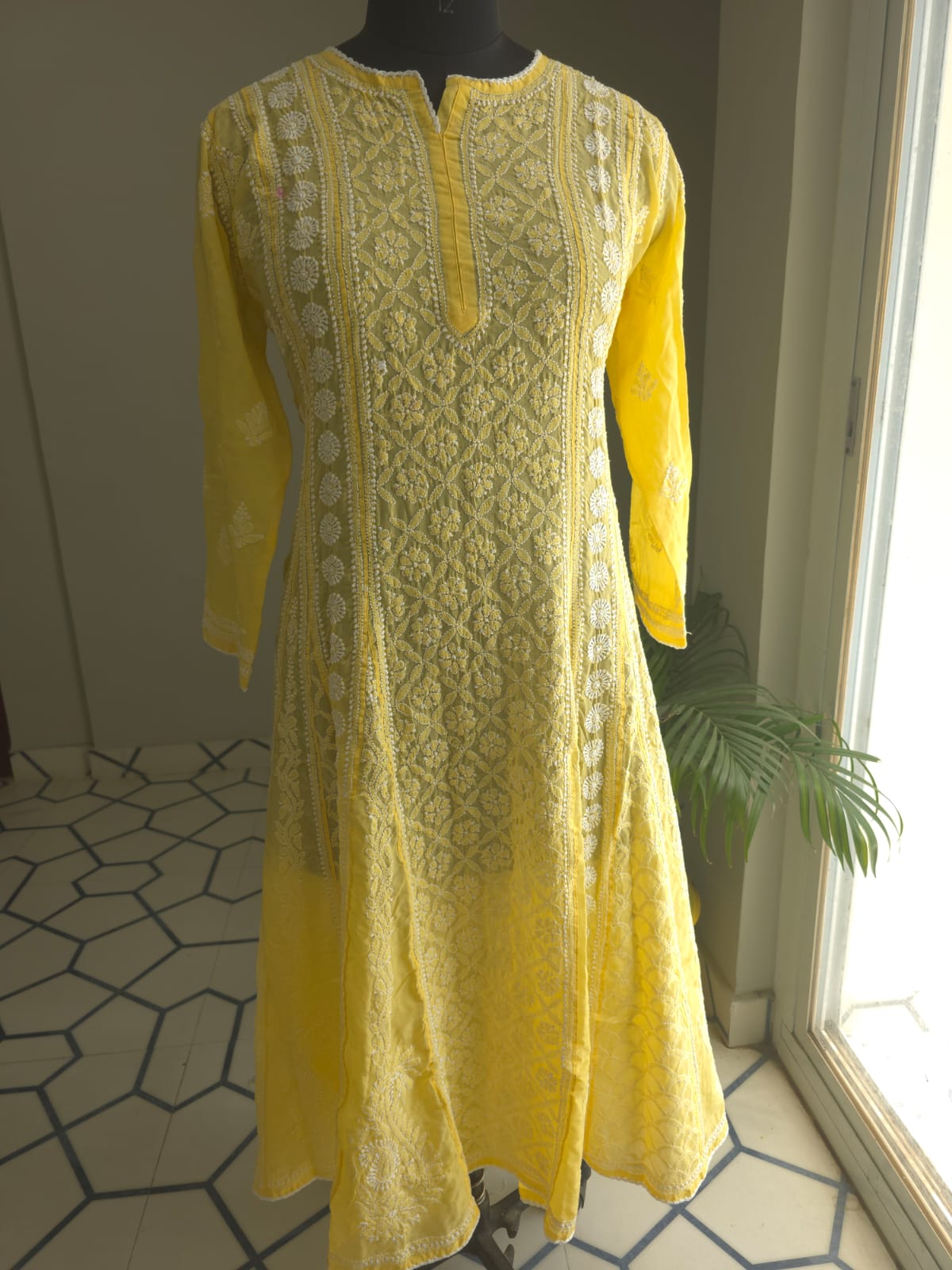 Mango Yellow Soft Cotton All over Full embroidered Anarkali