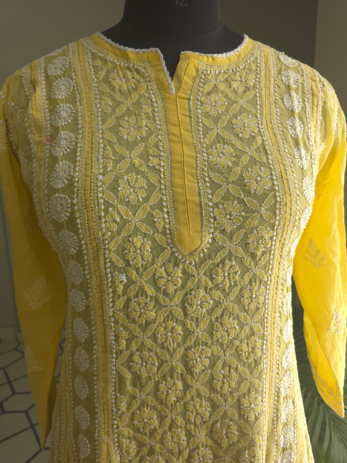 Mango Yellow Soft Cotton All over Full embroidered Anarkali