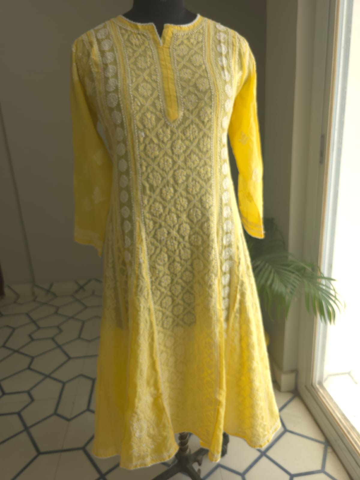 Mango Yellow Soft Cotton All over Full embroidered Anarkali