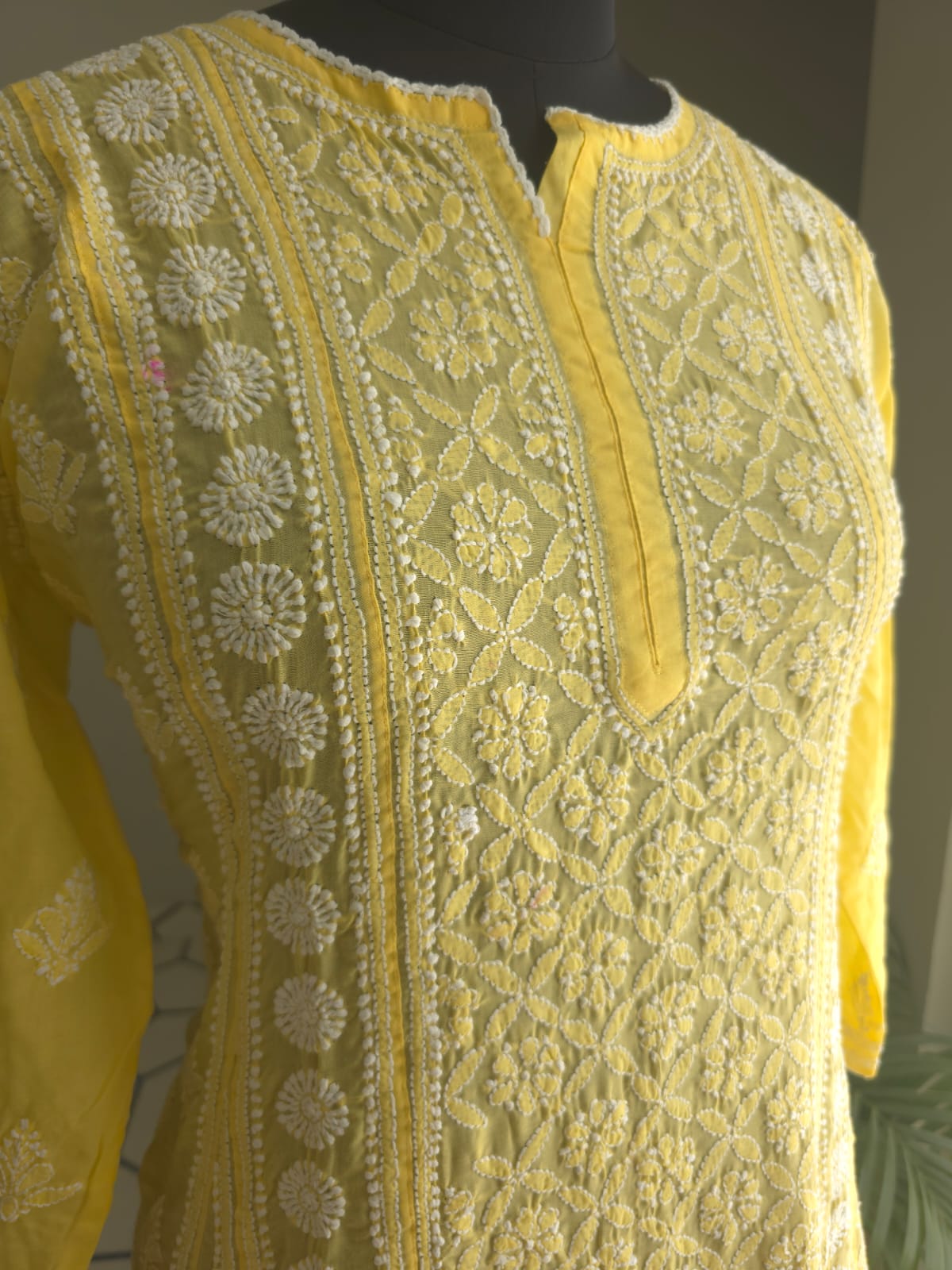 Mango Yellow Soft Cotton All over Full embroidered Anarkali