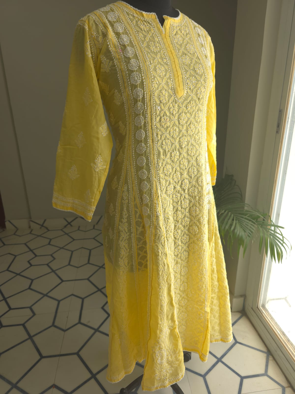 Mango Yellow Soft Cotton All over Full embroidered Anarkali