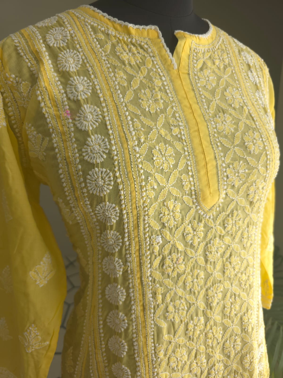 Mango Yellow Soft Cotton All over Full embroidered Anarkali