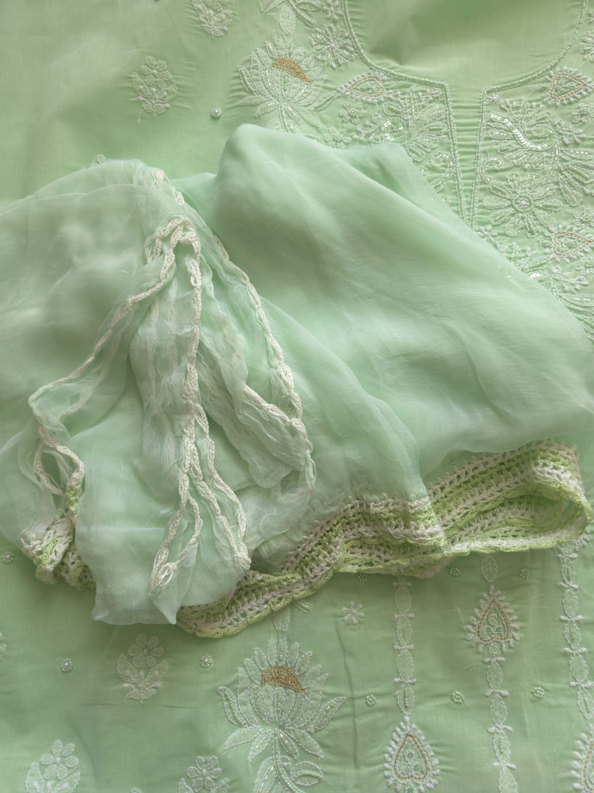 Mint Green full suit with lucknowi work and pearl cutdana