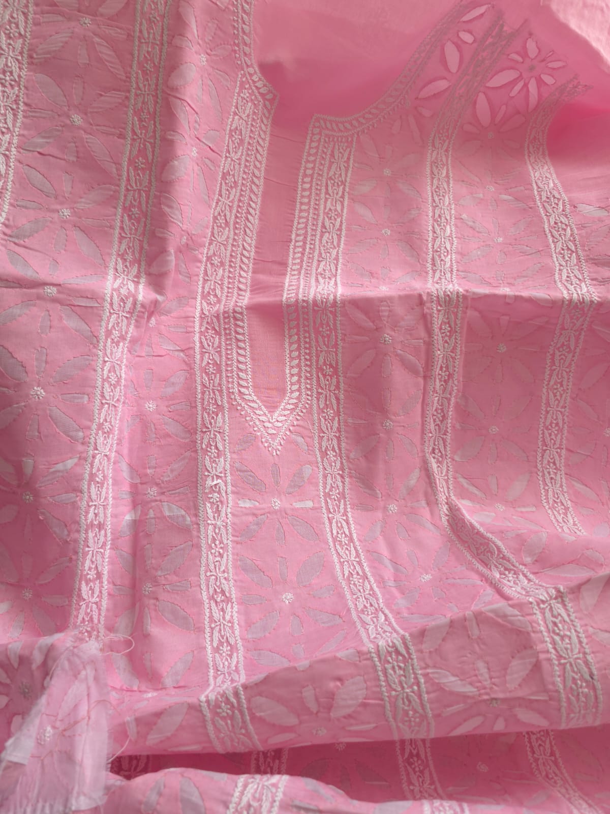 Pink Cotton Kurta fabric with Chikan work Darazapplique