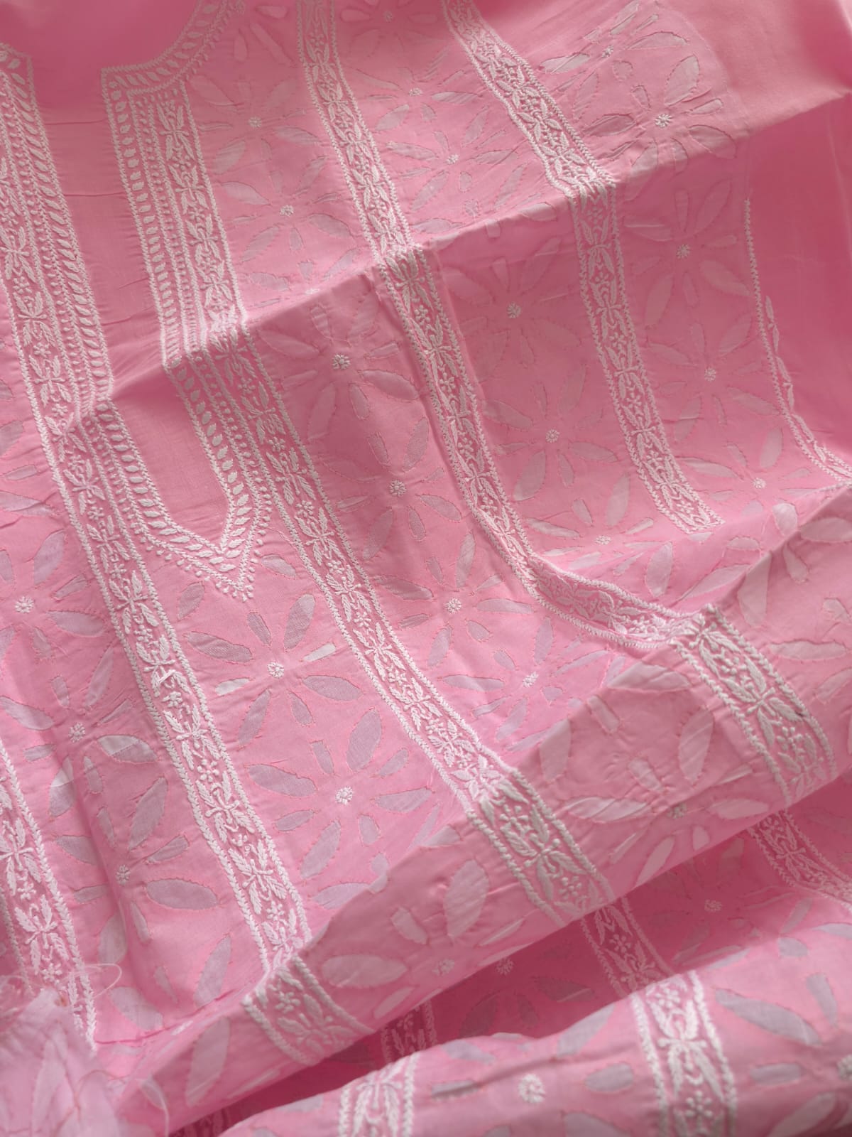 Pink Cotton Kurta fabric with Chikan work  Darazapplique