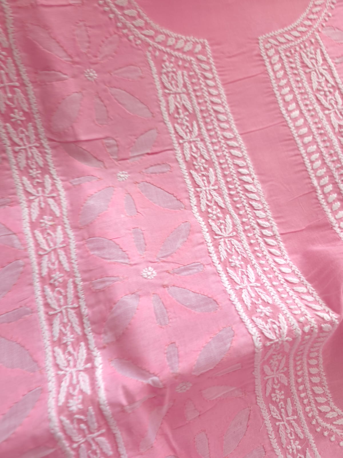Pink Cotton Kurta fabric with Chikan work Darazapplique