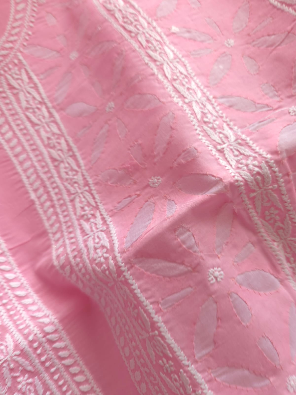 Pink Cotton Kurta fabric with Chikan work Darazapplique