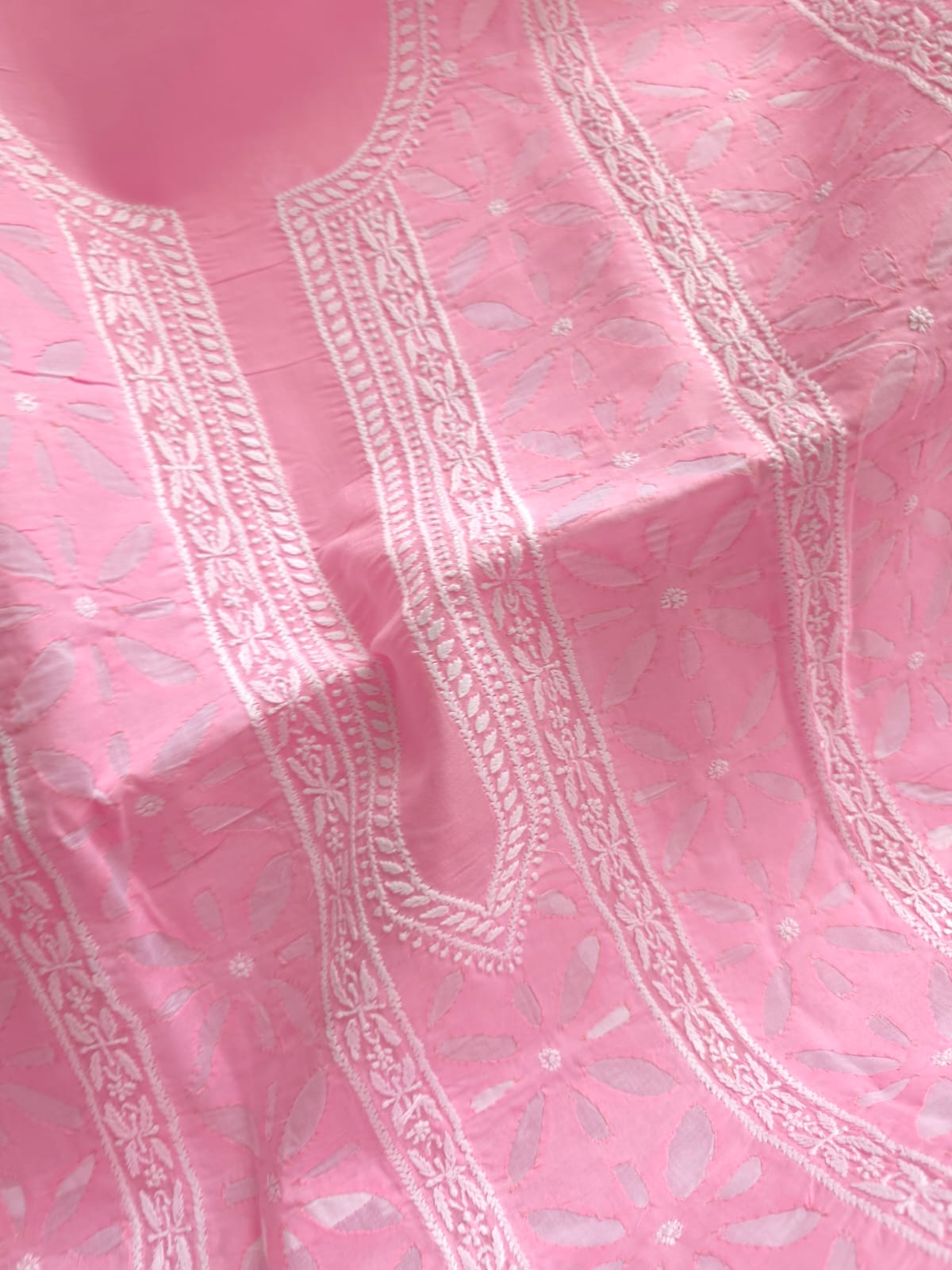 Pink Cotton Kurta fabric with Chikan work Darazapplique