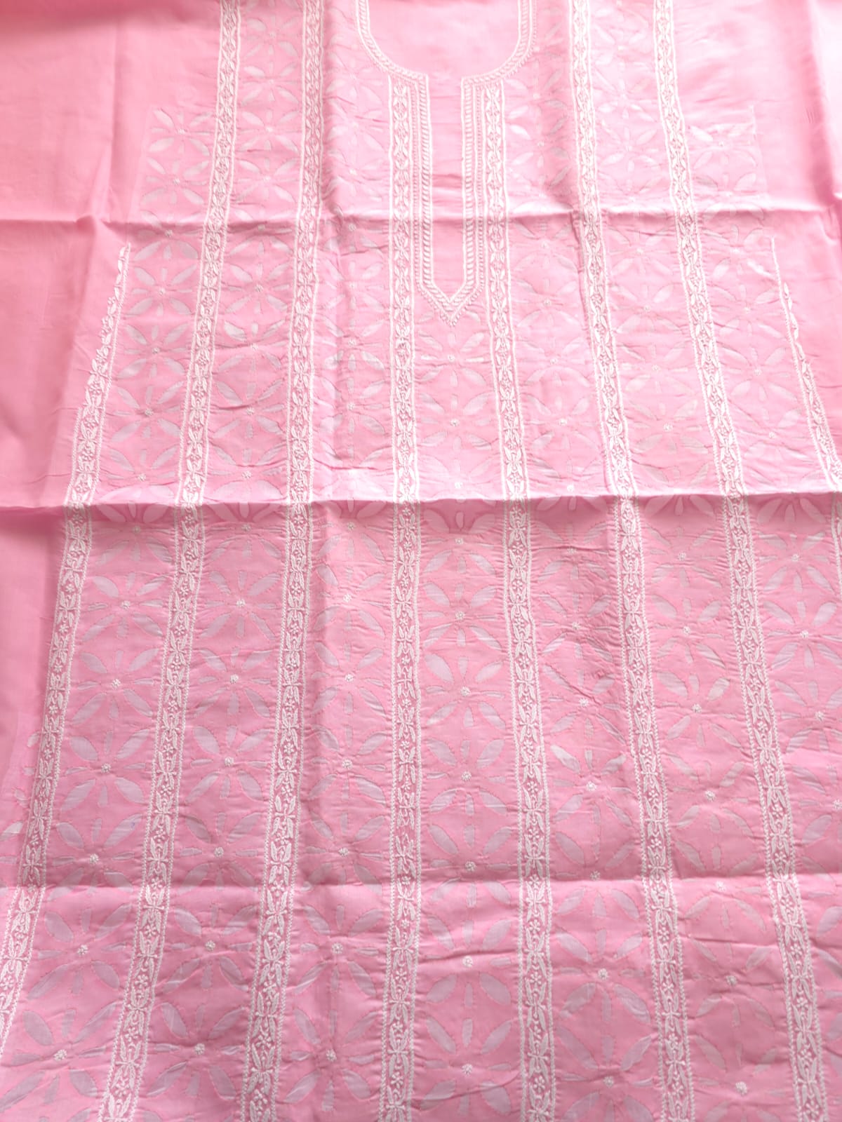 Pink Cotton Kurta fabric with Chikan work  Darazapplique