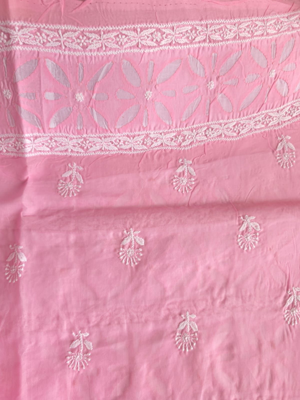 Pink Cotton Kurta fabric with Chikan work Darazapplique