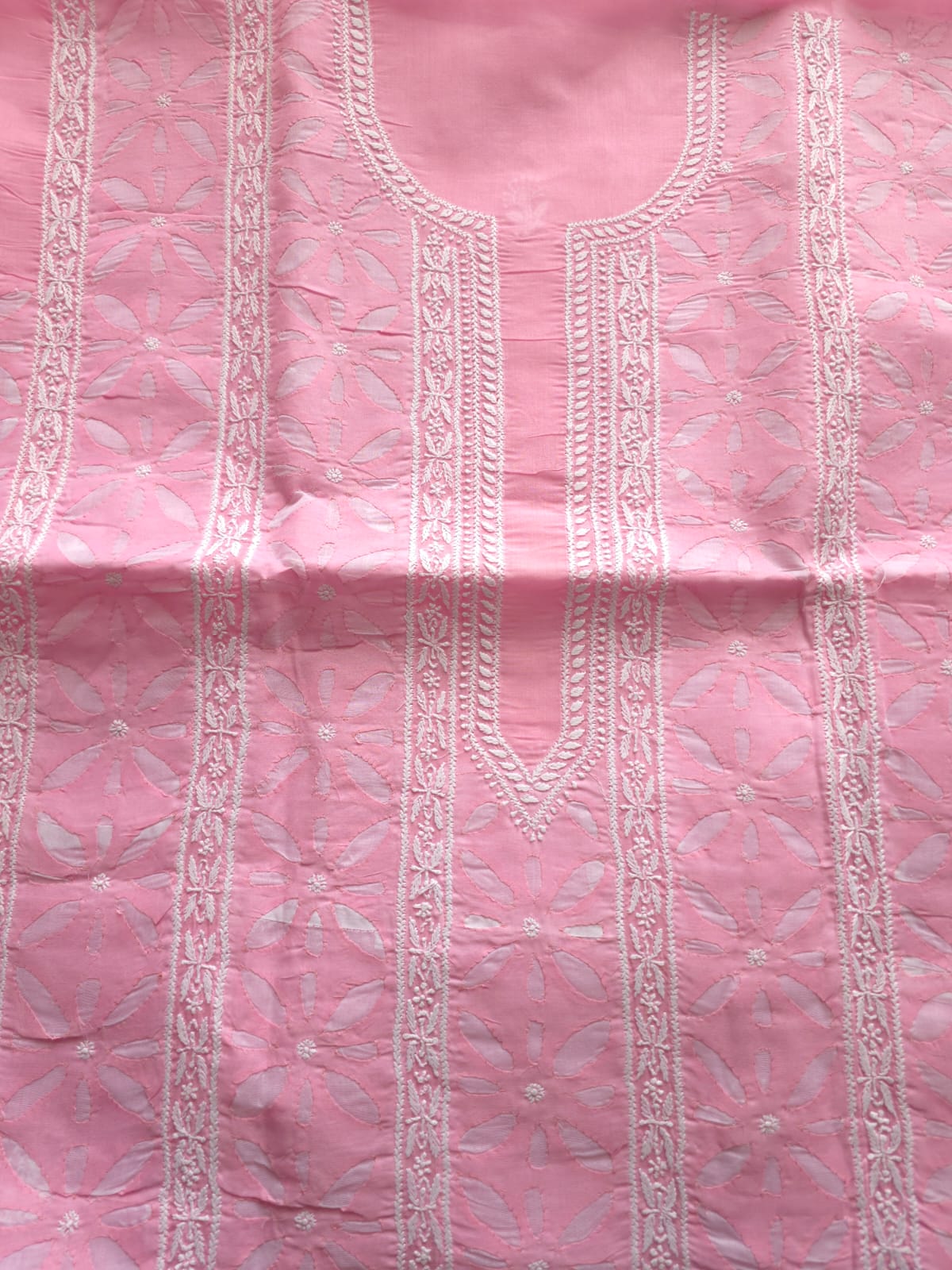 Pink Cotton Kurta fabric with Chikan work  Darazapplique