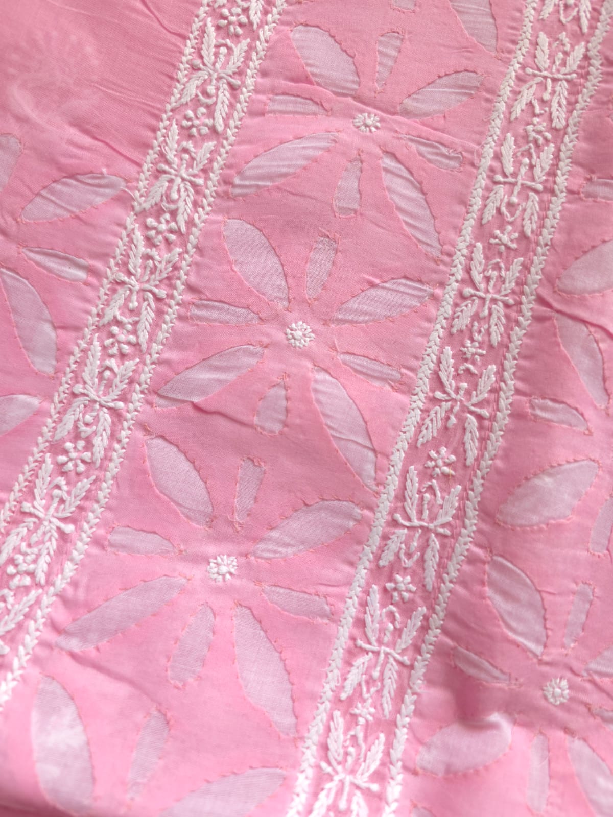 Pink Cotton Kurta fabric with Chikan work  Darazapplique