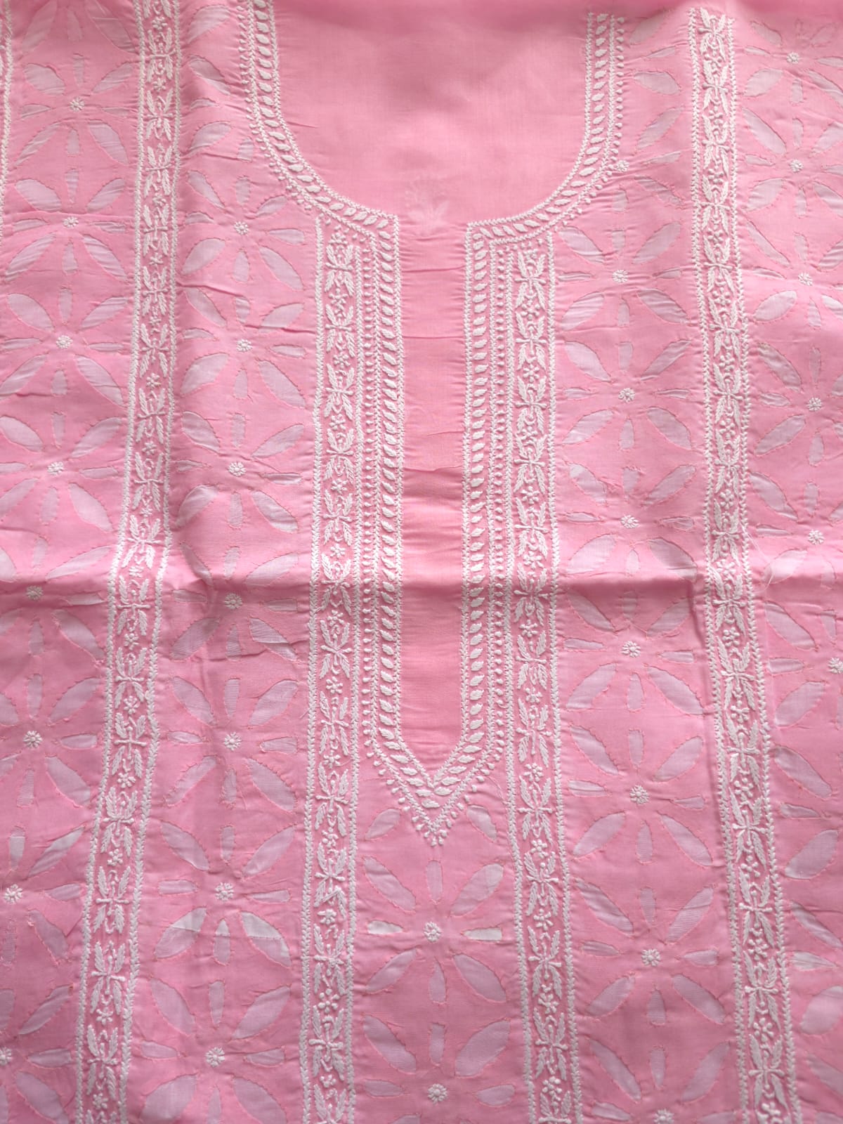 Pink Cotton Kurta fabric with Chikan work  Darazapplique