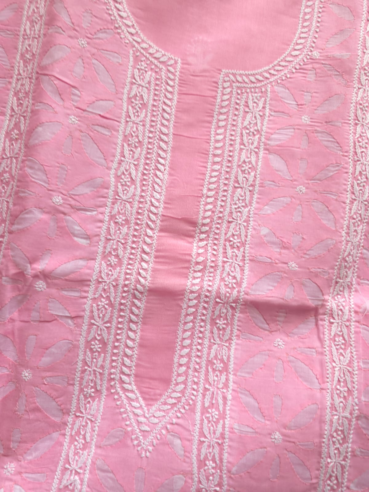 Pink Cotton Kurta fabric with Chikan work Darazapplique