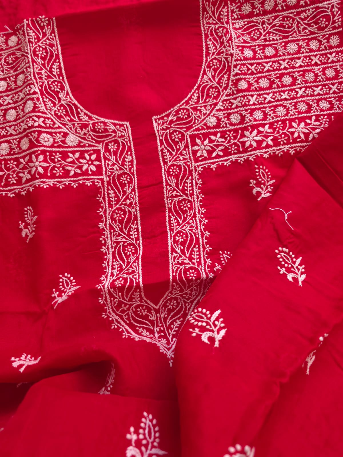 Red Cotton Kurta fabric with light chikankari