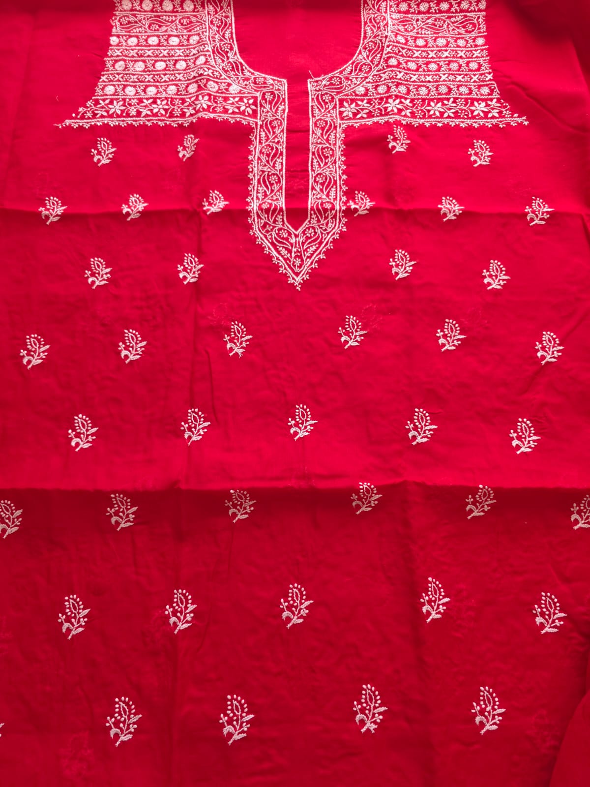 Red Cotton Kurta fabric with light chikankari