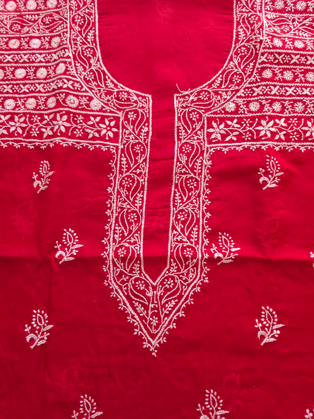 Red Cotton Kurta fabric with light chikankari