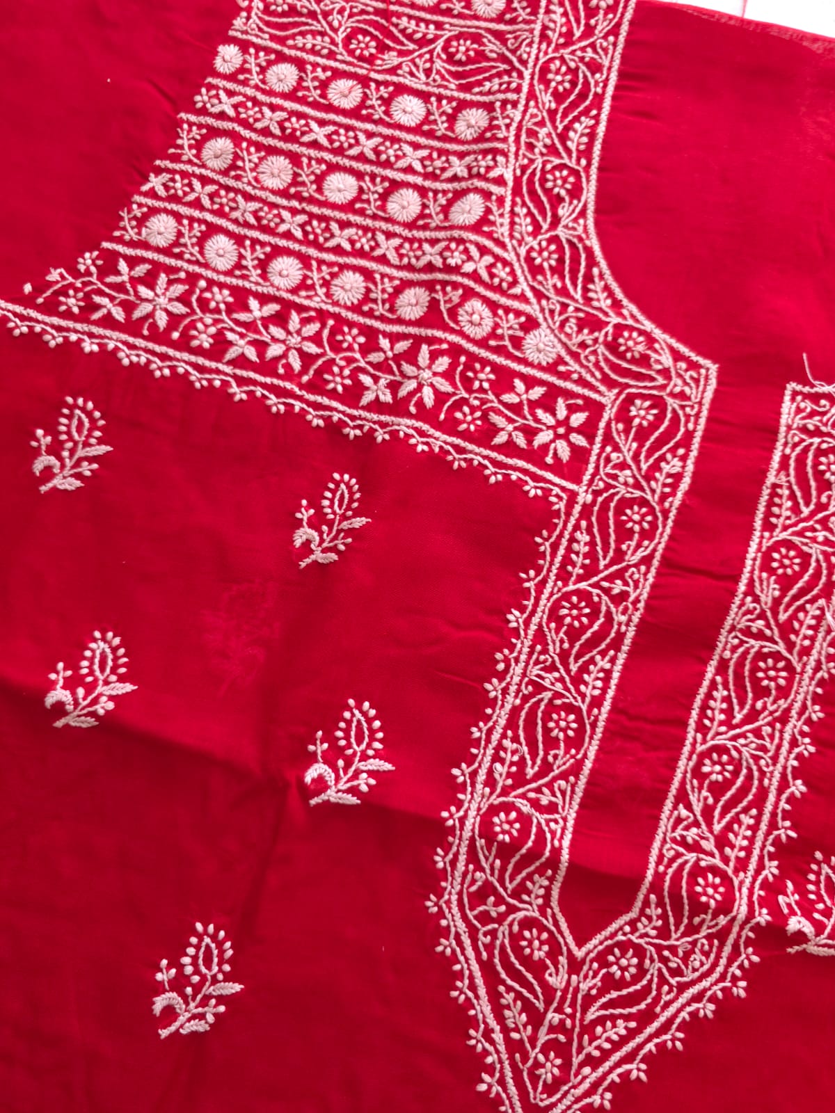Red Cotton Kurta fabric with light chikankari