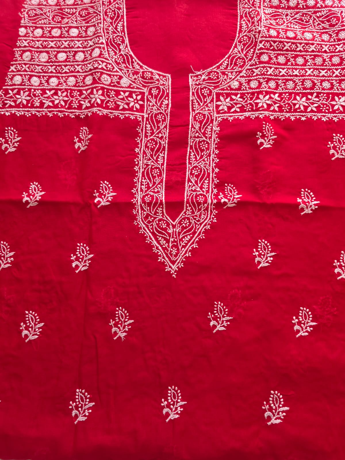 Red Cotton Kurta fabric with light chikankari