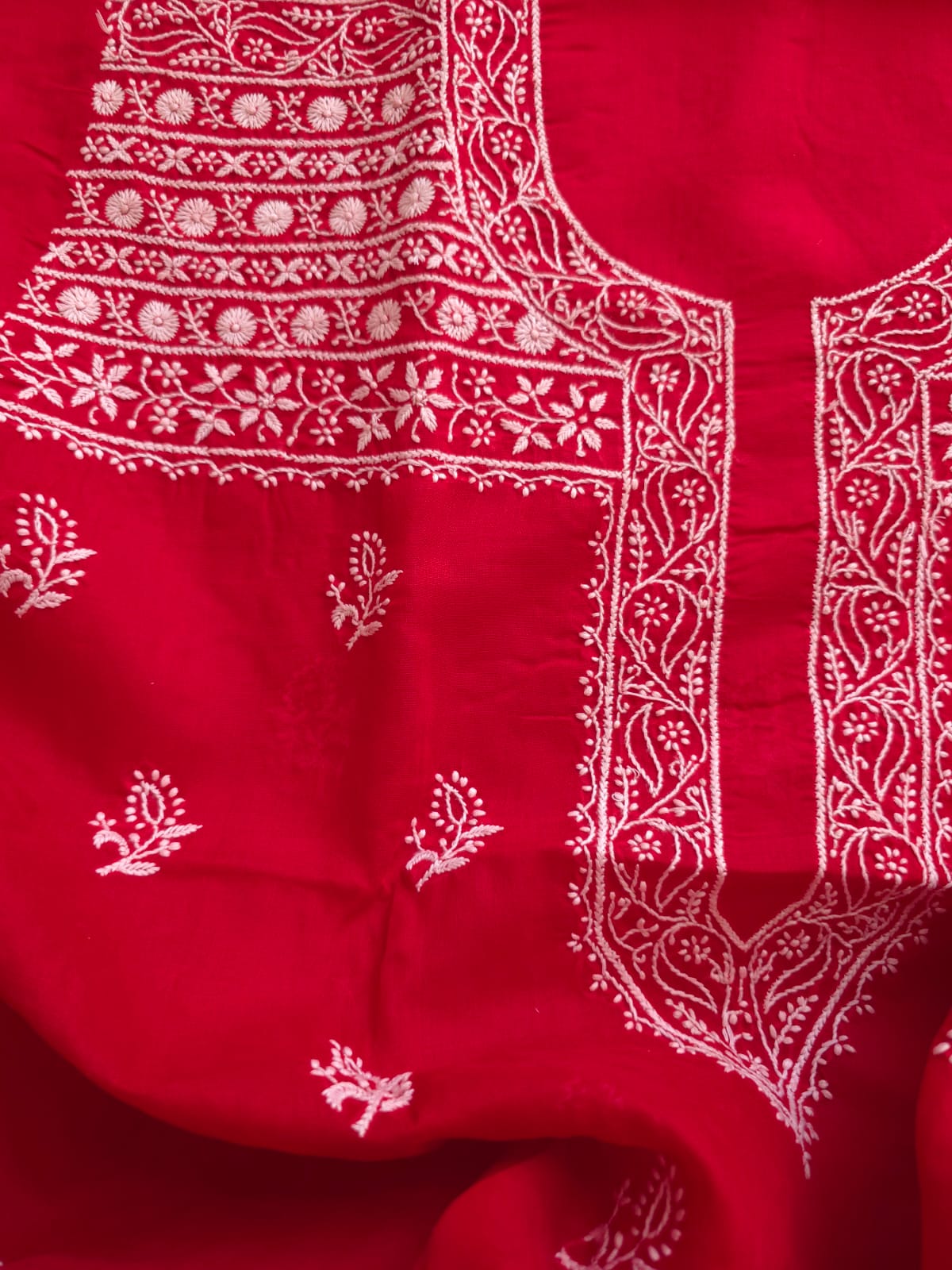 Red Cotton Kurta fabric with light chikankari