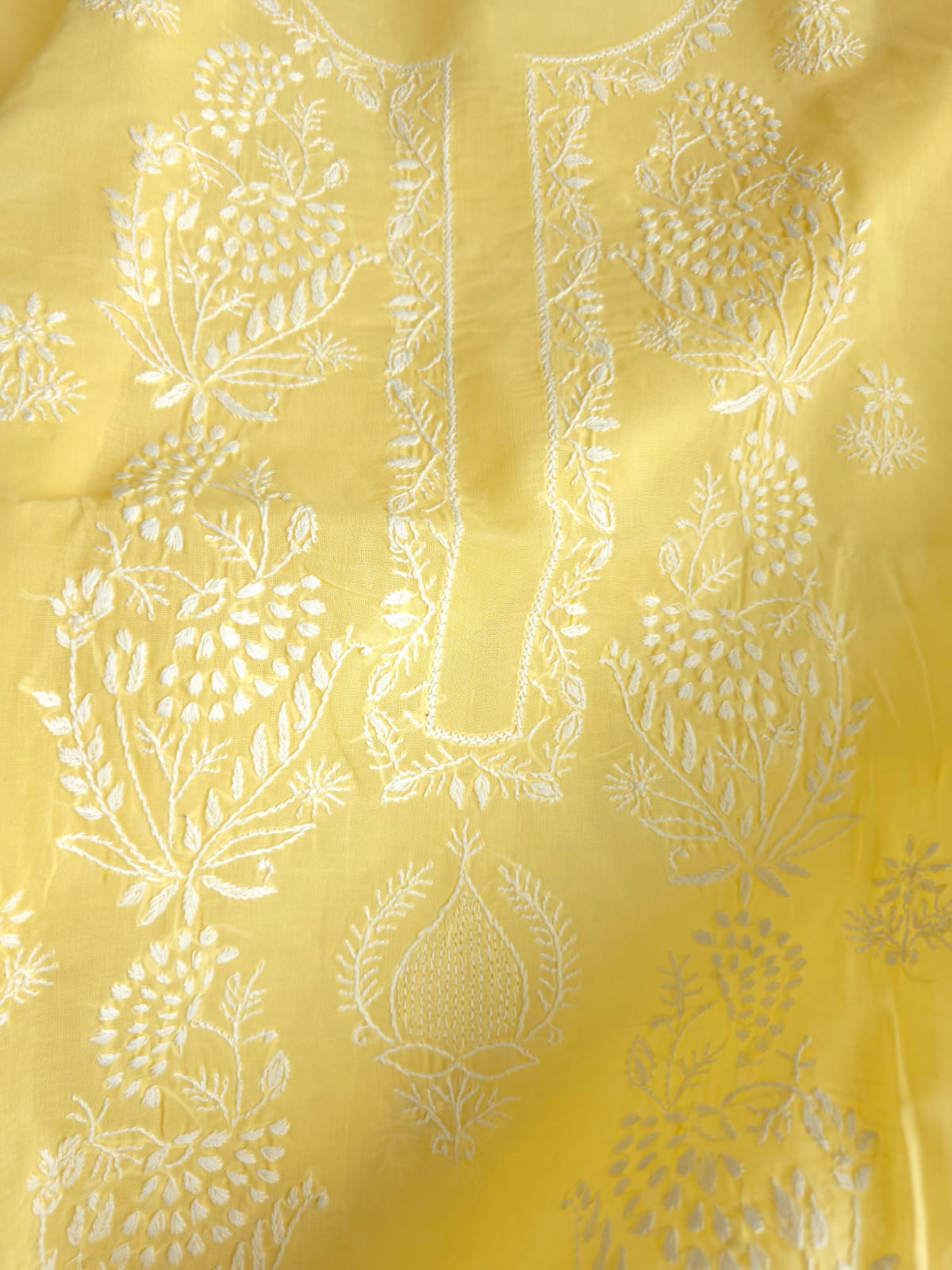 Lemon Cotton Kurta fabric with delicate chikankari and Jaaliwork