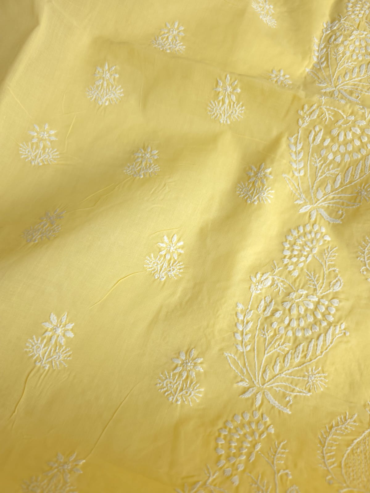Lemon Cotton Kurta fabric with delicate chikankari and Jaaliwork