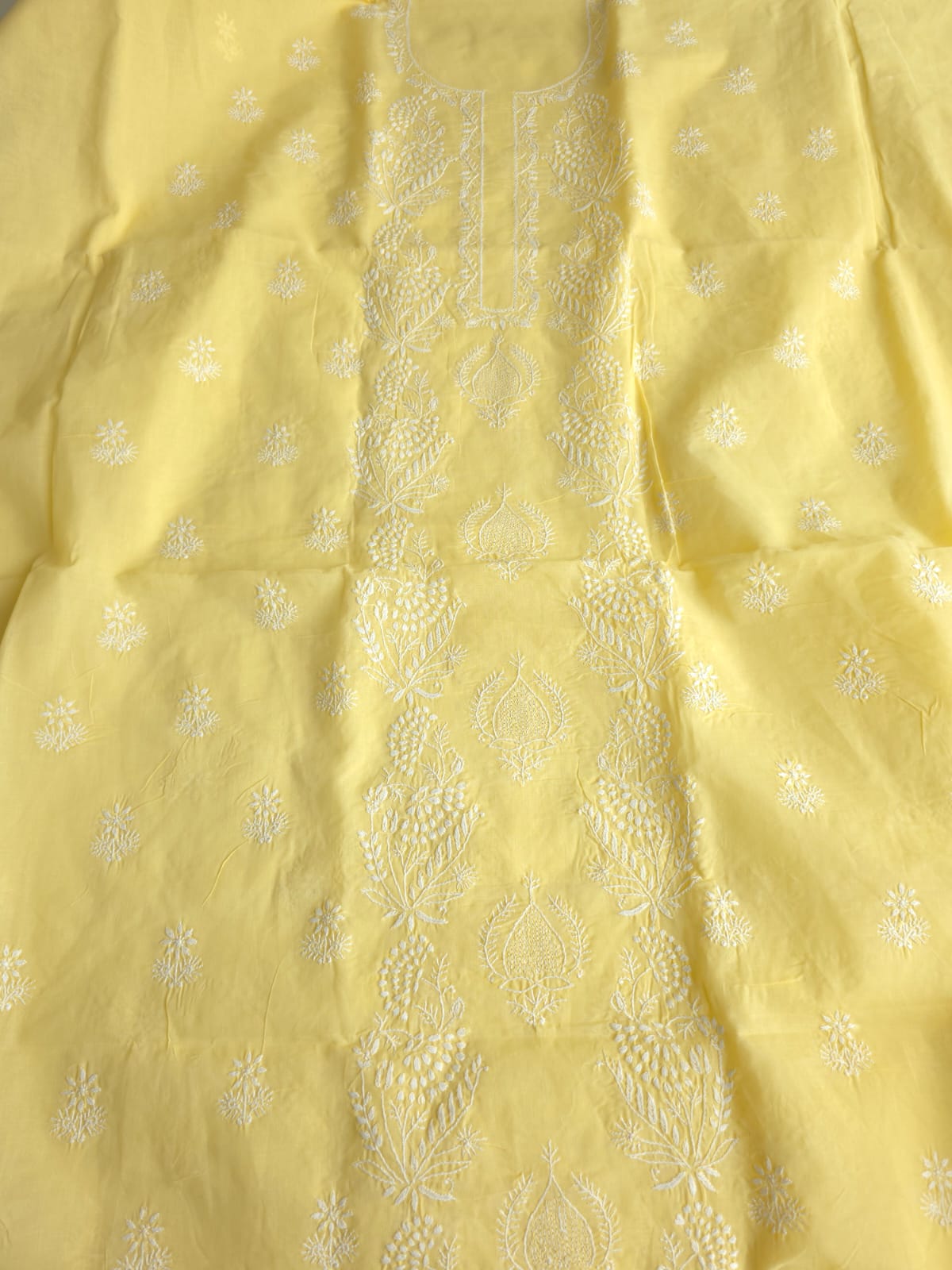 Lemon Cotton Kurta fabric with delicate chikankari and Jaaliwork