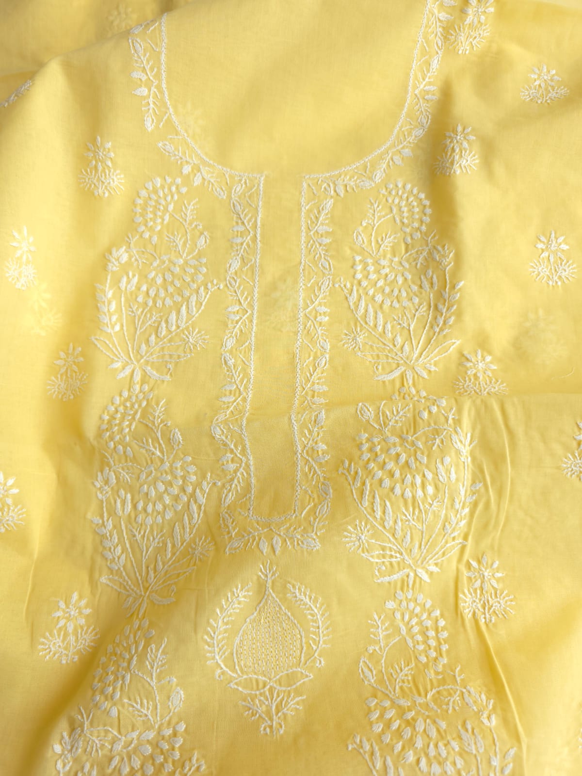 Lemon Cotton Kurta fabric with delicate chikankari and Jaaliwork
