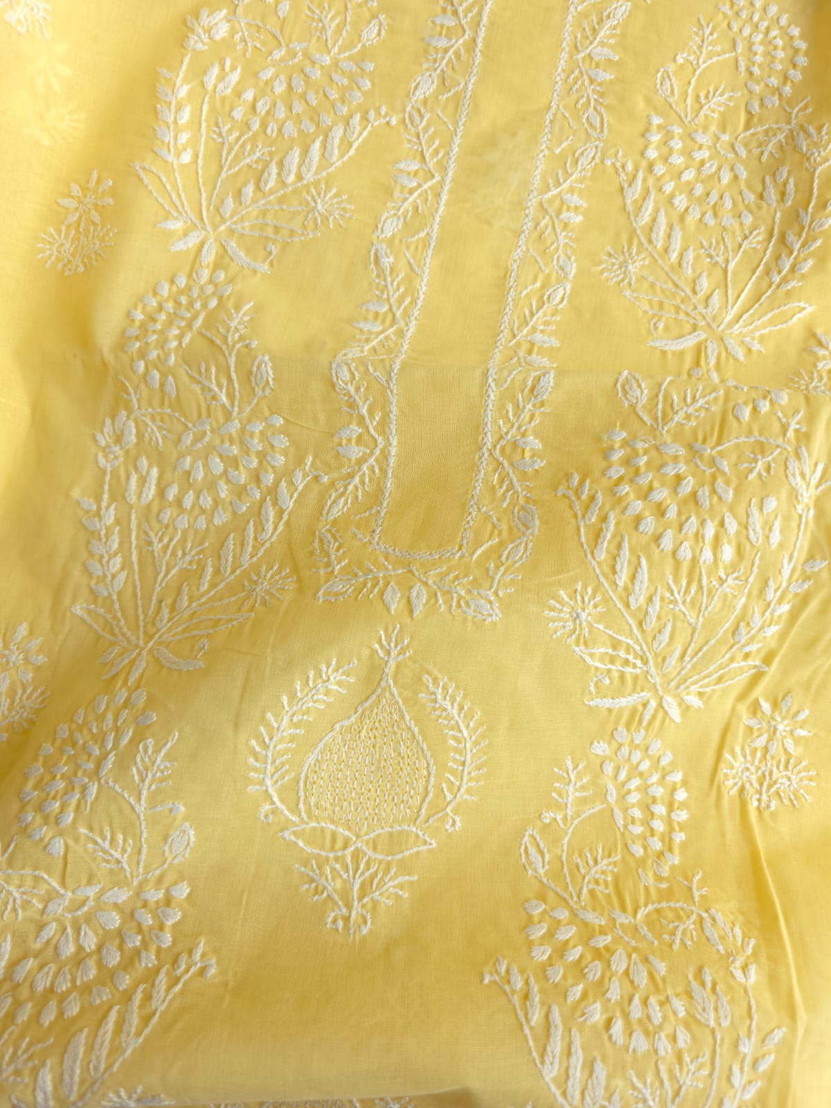 Lemon Cotton Kurta fabric with delicate chikankari and Jaaliwork