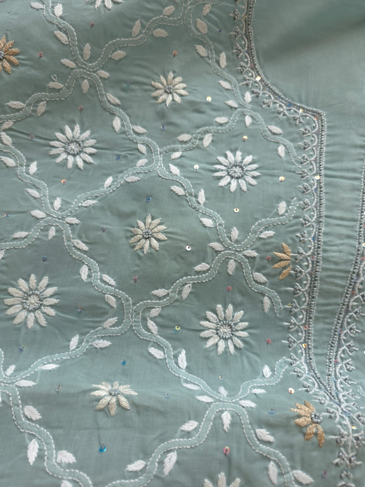 Grey Cotton Kurta fabric with Fine chikankari jaalwork with add on