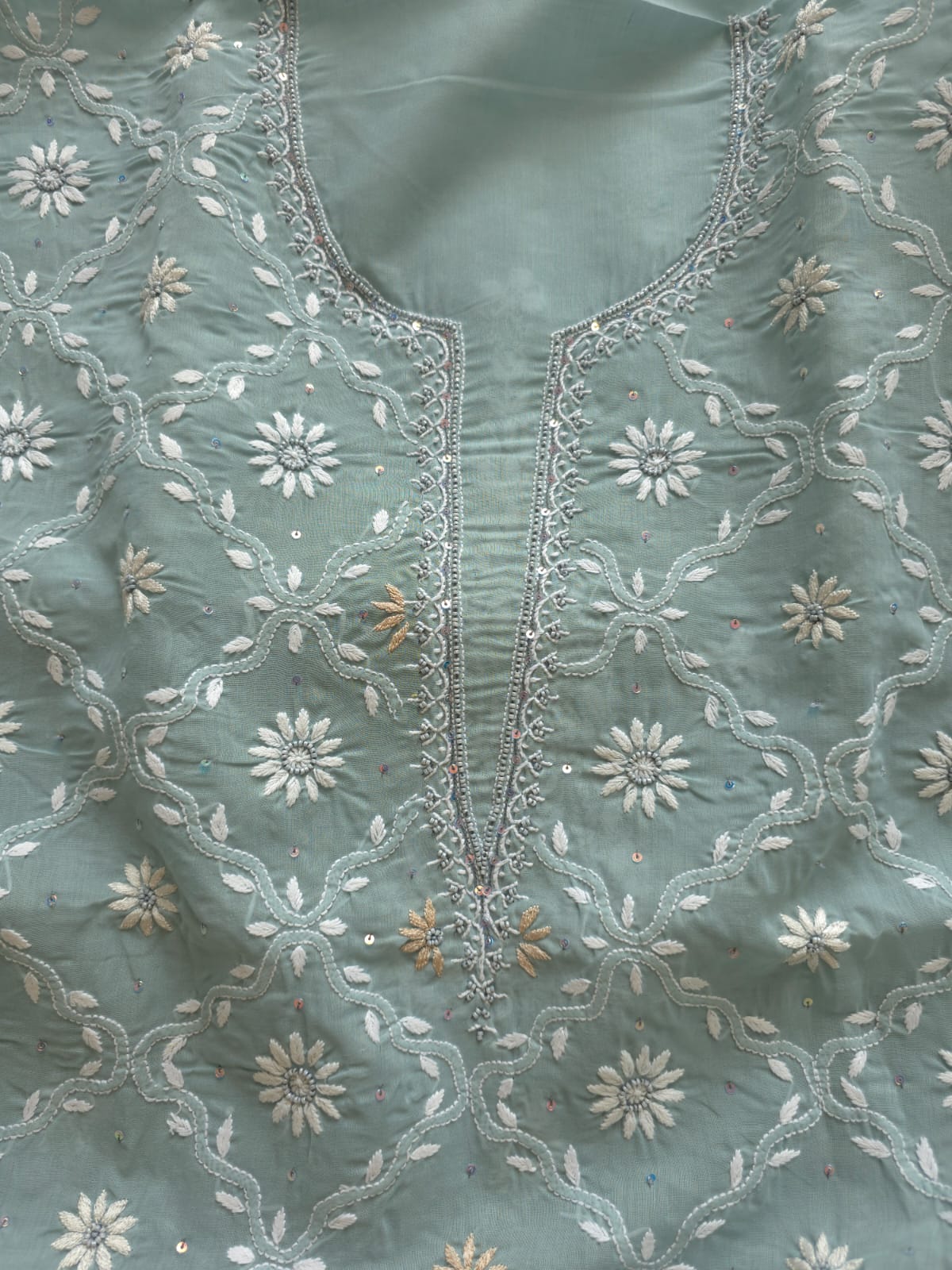 Grey Cotton Kurta fabric with Fine chikankari jaalwork with add on