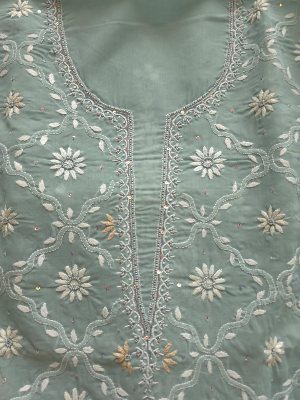 Grey Cotton Kurta fabric with Fine chikankari jaalwork with add on