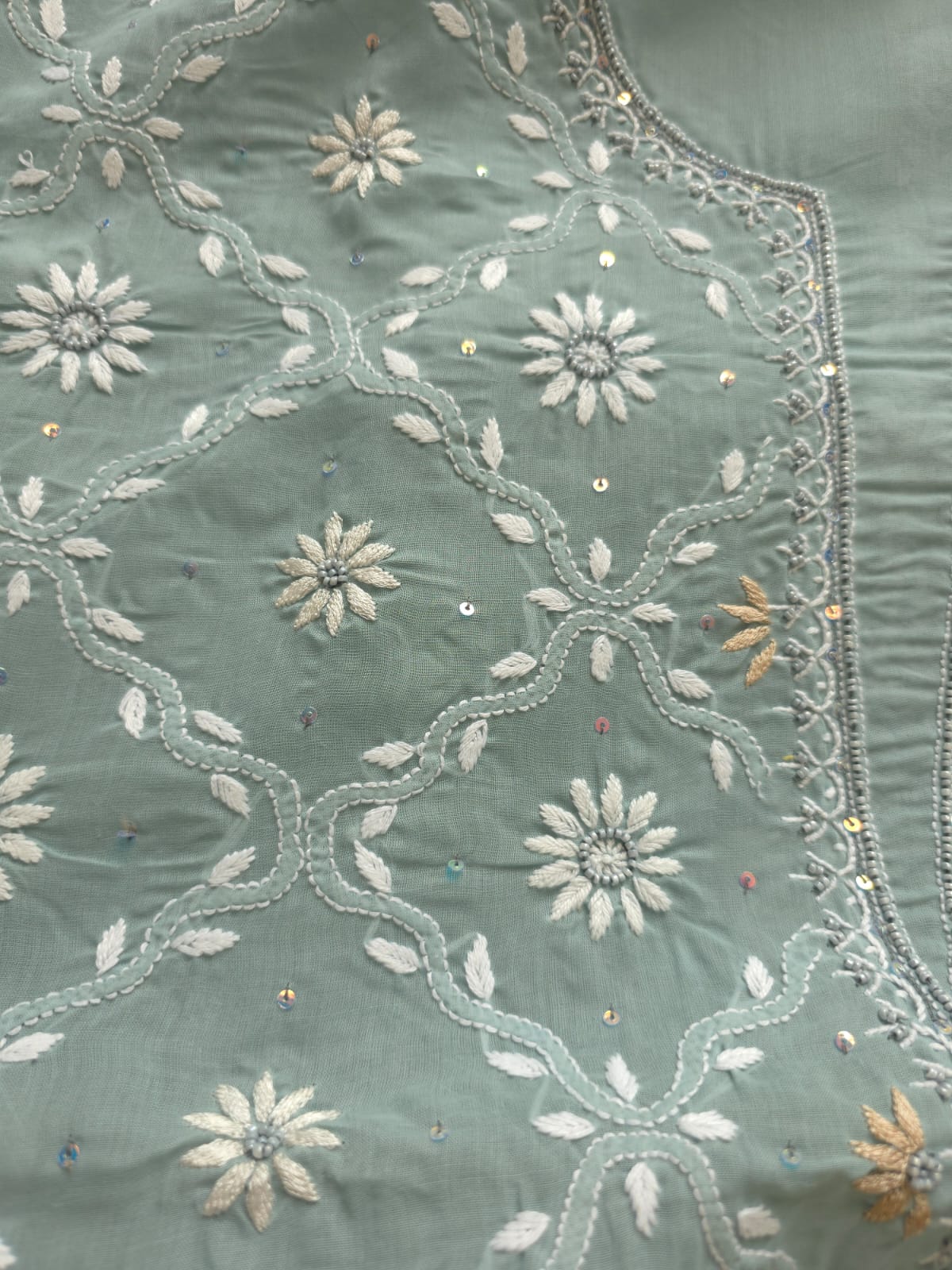 Grey Cotton Kurta fabric with Fine chikankari jaalwork with add on