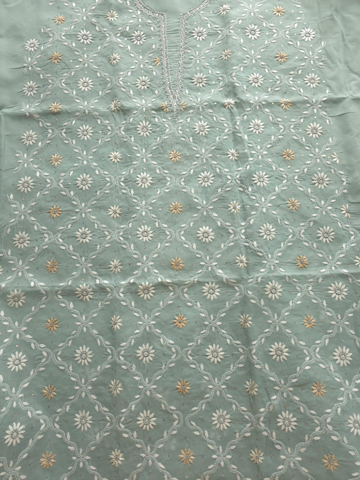 Grey Cotton Kurta fabric with Fine chikankari jaalwork with add on