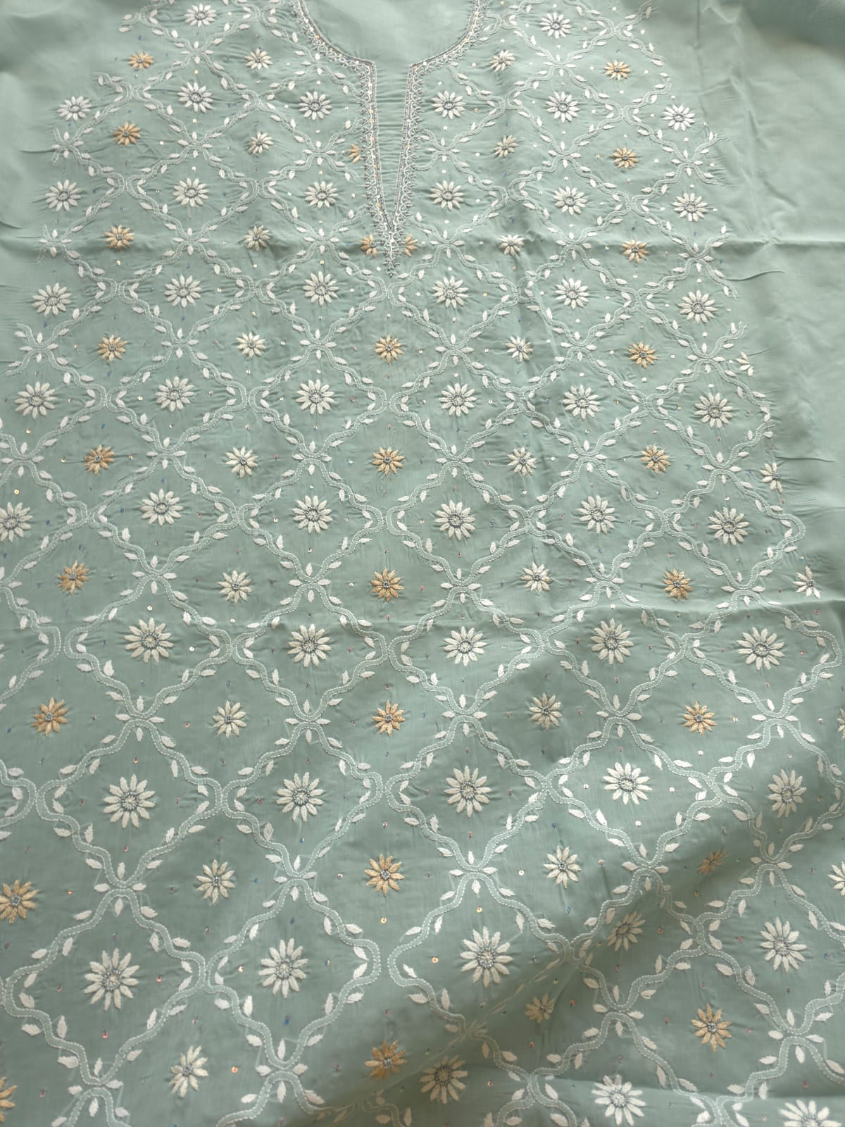 Grey Cotton Kurta fabric with Fine chikankari jaalwork with add on