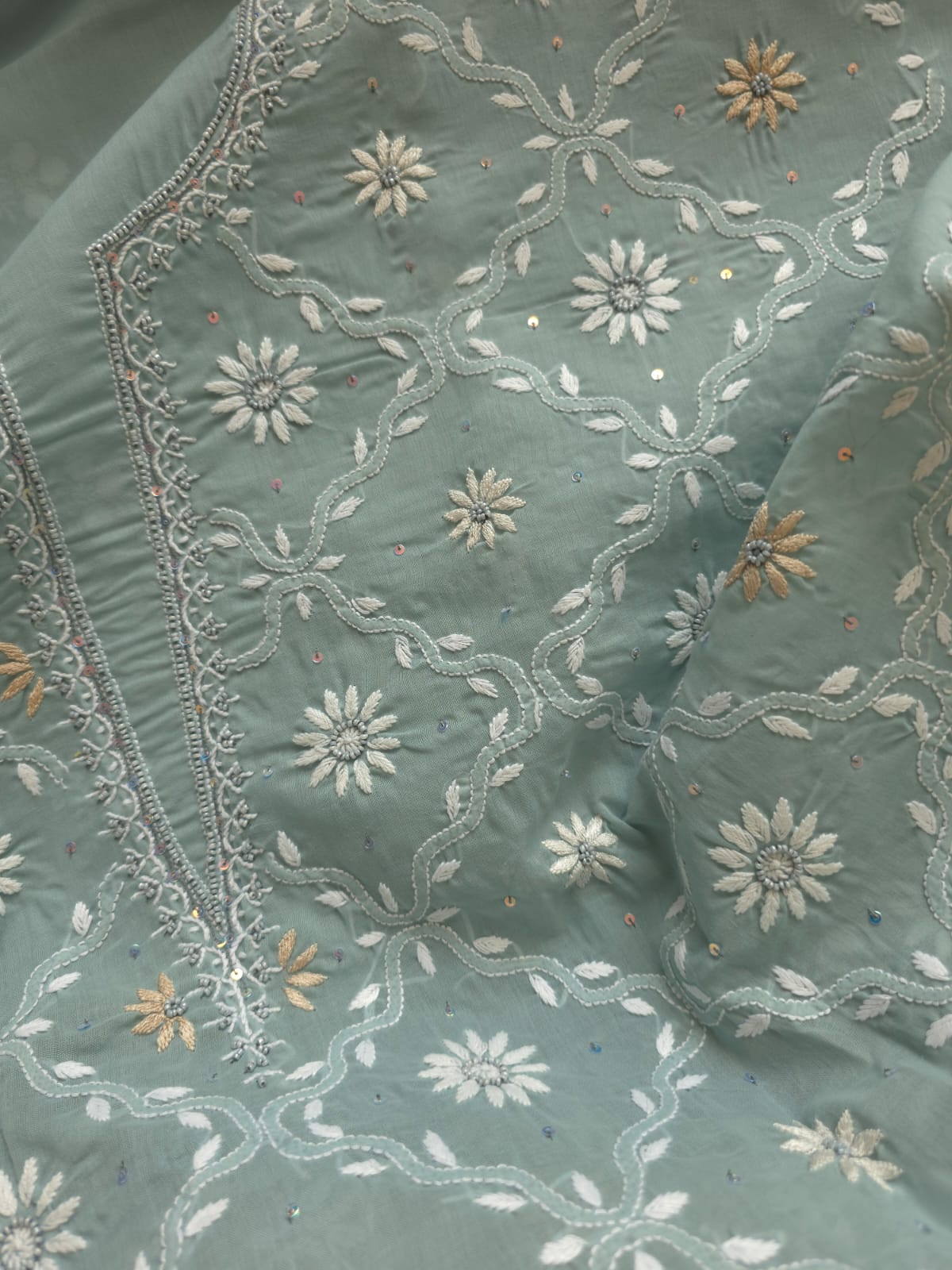 Grey Cotton Kurta fabric with Fine chikankari jaalwork with add on